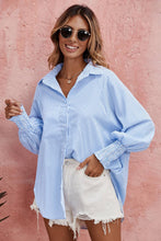 Load image into Gallery viewer, LDC Smocked Cuffed Striped Boyfriend Shirt with Pocket: Sky Blue
