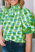 Load image into Gallery viewer, LDC Abstract Button Back Ruffed High Neck Blouse in green

