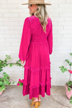 Load image into Gallery viewer, Rose Red Shirred V Neck Long Sleeve Velvet Dress: Rose Red / 95%Polyester+5%Elastane / pre order does not arrive to the store until mid october
