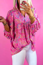 Load image into Gallery viewer, Abstract Print Collared V Neck Babydoll Blouse: Bonbon / 100%Polyester-runs large
