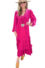 Load image into Gallery viewer, Rose Red Shirred V Neck Long Sleeve Velvet Dress: Rose Red / 95%Polyester+5%Elastane / pre order does not arrive to the store until mid october
