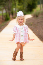 Load image into Gallery viewer, Proper Pumpkins Pink Gingham A-Line Dress and Bloomer Set with Pumpkin Embroidery
