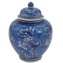Load image into Gallery viewer, Blue &amp; White Floral Crane Ceramic Chinoiserie Ginger Jar 10&quot;
