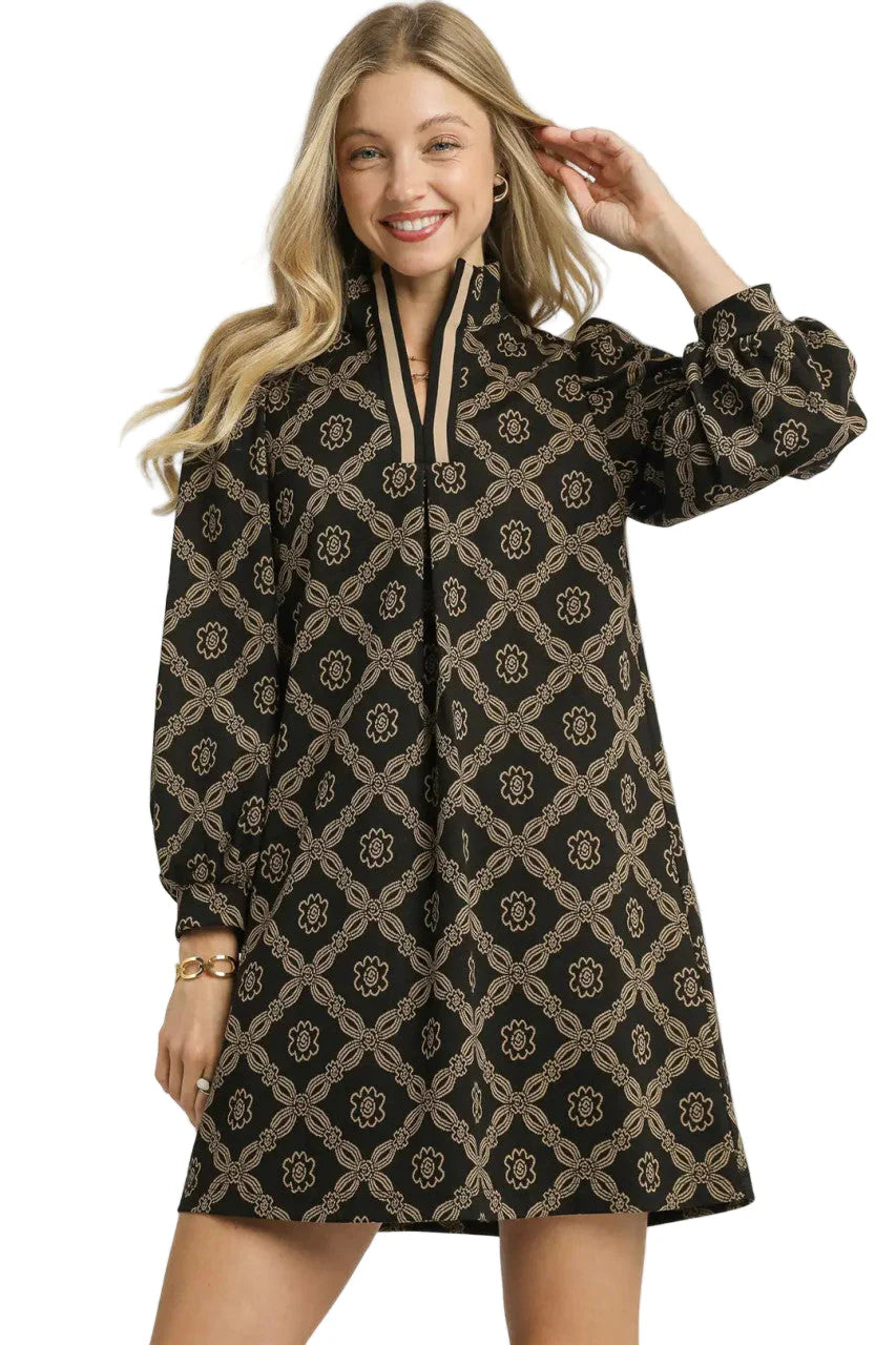 Ebony Geometric print long sleeve Mini Dress