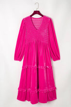 Load image into Gallery viewer, Rose Red Shirred V Neck Long Sleeve Velvet Dress: Rose Red / 95%Polyester+5%Elastane / pre order does not arrive to the store until mid october

