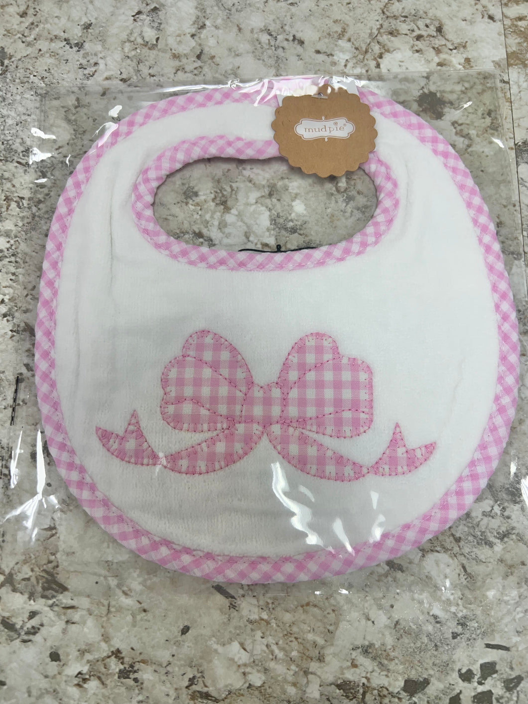 Pink Gingham bow Bib by Mudpie