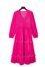 Load image into Gallery viewer, Rose Red Shirred V Neck Long Sleeve Velvet Dress: Rose Red / 95%Polyester+5%Elastane / pre order does not arrive to the store until mid october

