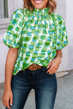 Load image into Gallery viewer, LDC Abstract Button Back Ruffed High Neck Blouse in green
