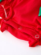 Load image into Gallery viewer, Christmas Smocked Girls Romper with Green Bow and Tree Embroidery-this brand runs short in the bubble please consider sizing up.
