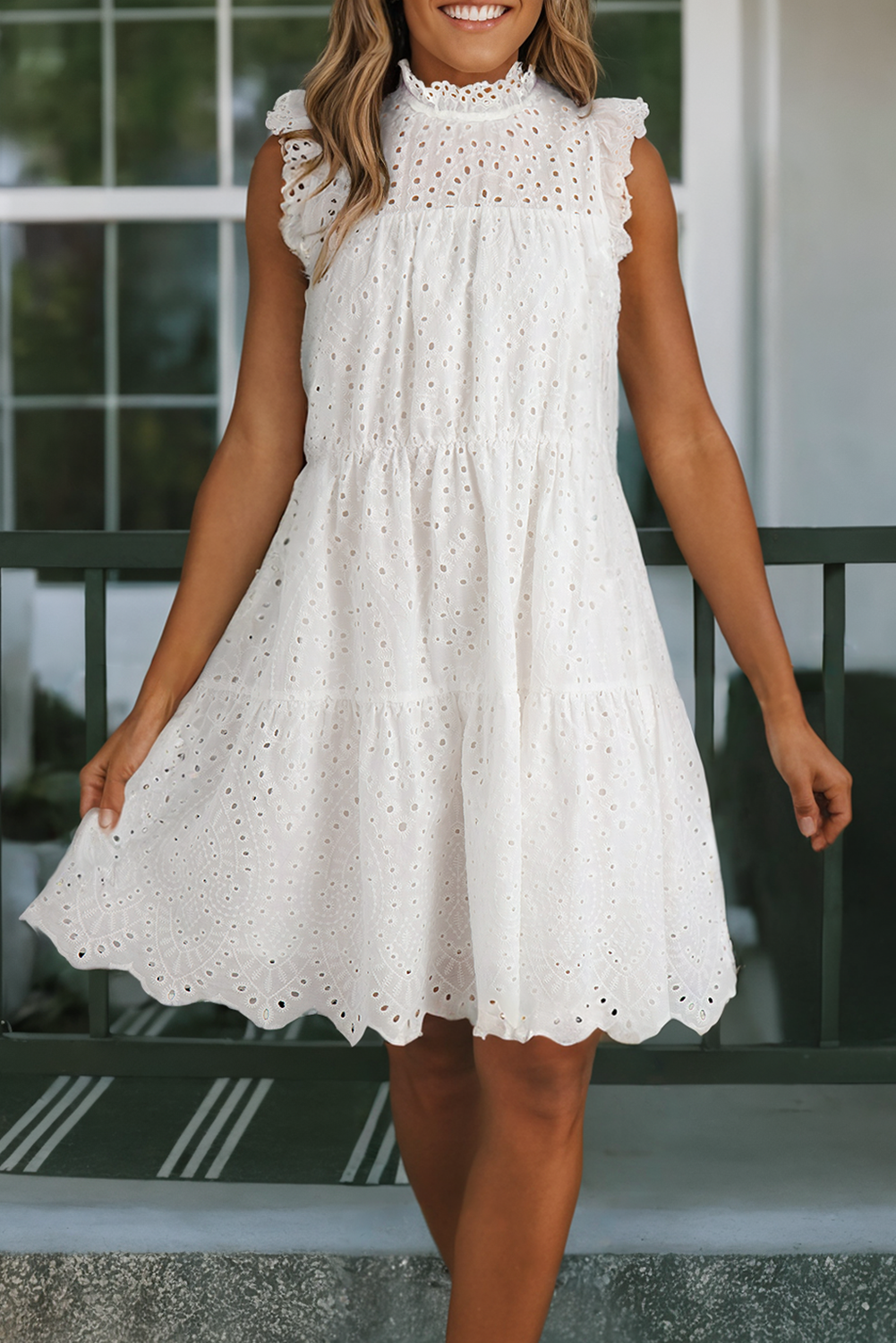 LDC Elegant Hollowed Flutter A-line Short Dress: White / L