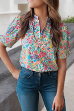 Load image into Gallery viewer, LDC Blooming Print Button Frill Neck Puff Sleeve Blouse: Multi-Colored
