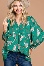 Load image into Gallery viewer, Green Printed Cheetah Print V Neck Flowy Blouse
