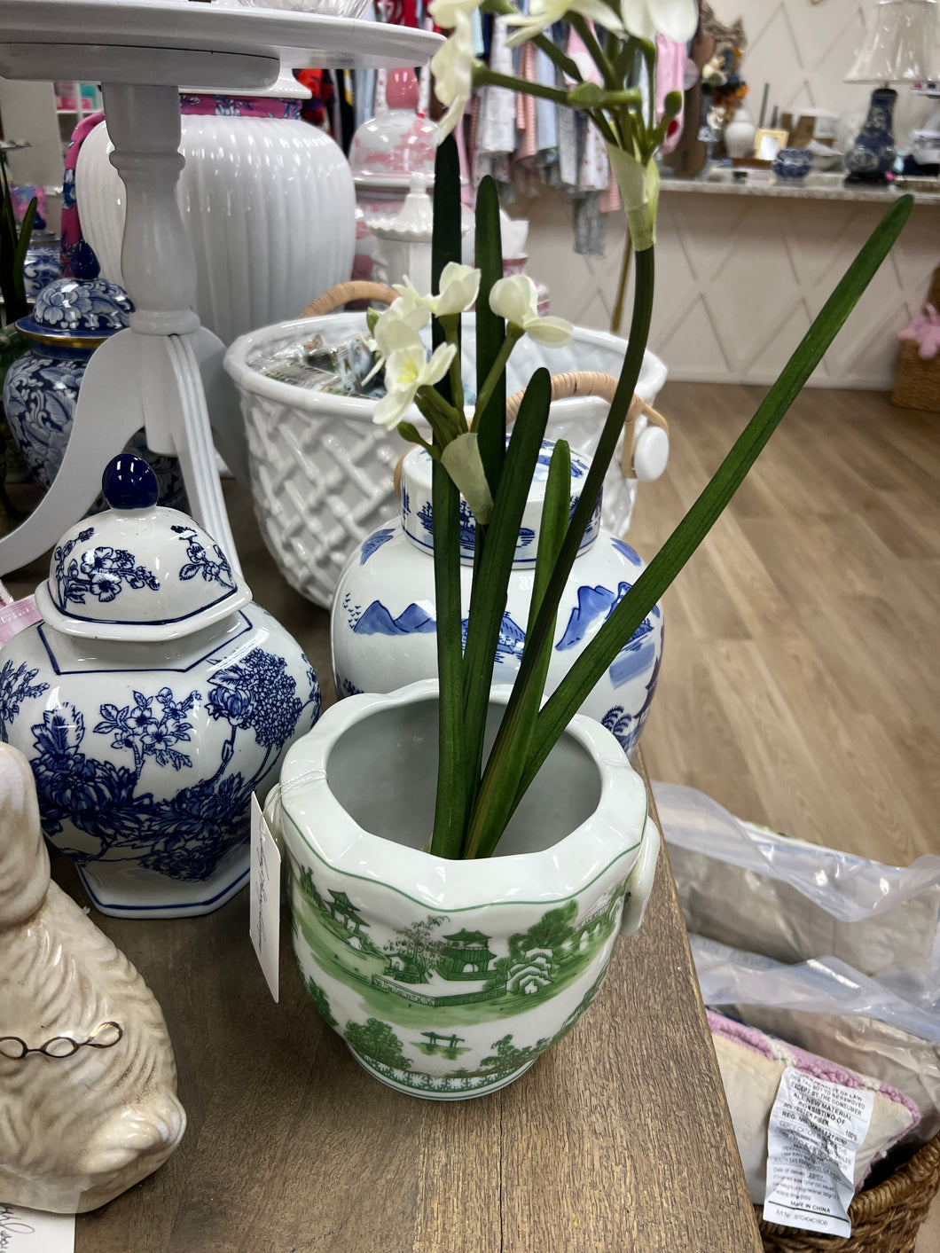6.5” Green And White Chinoiserie Cachepot