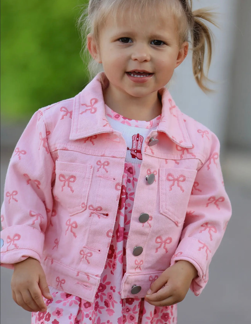 Pink Fall denim bows jacket preorder- Arrives to the store by 9/30