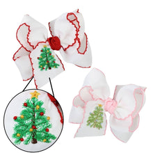 Load image into Gallery viewer, EMBROIDERED CHRISTMAS TREE CROCHET EDGE BOWS: White w/ Light Pink Crochet Edge / 4.5&quot; Large
