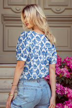 Load image into Gallery viewer, Geometric Print Tassel Drawstring V Neck Blouse: Sky Blue
