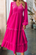 Load image into Gallery viewer, Rose Red Shirred V Neck Long Sleeve Velvet Dress: Rose Red / 95%Polyester+5%Elastane / pre order does not arrive to the store until mid october
