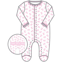 Load image into Gallery viewer, Baby Bows Printed Ruffle Footie: Pink
