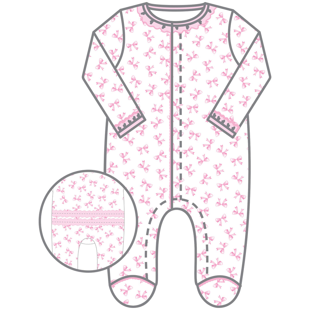 Baby Bows Printed Ruffle Footie: Pink