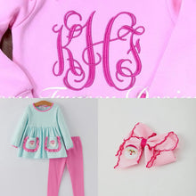 Load image into Gallery viewer, Holiday Fun Set: Striped with Santa Pockets-monogram bundle includes outfit, bow and monogram style pictured.
