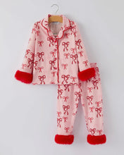 Load image into Gallery viewer, Christmas bow with fur trim pajama set
