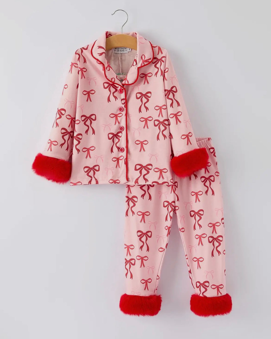 Christmas bow with fur trim pajama set