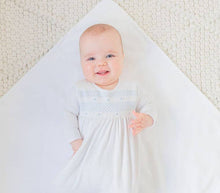Load image into Gallery viewer, Smocked Bullion Gown w/Hat: White/Blue / NB
