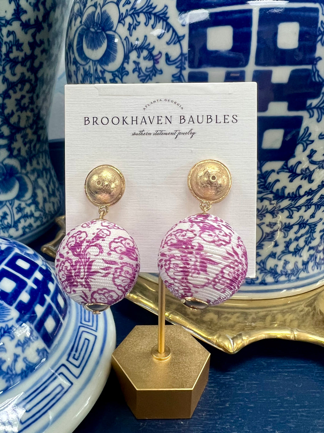 Magenta & White Floral Toile Beaded Statement Earrings