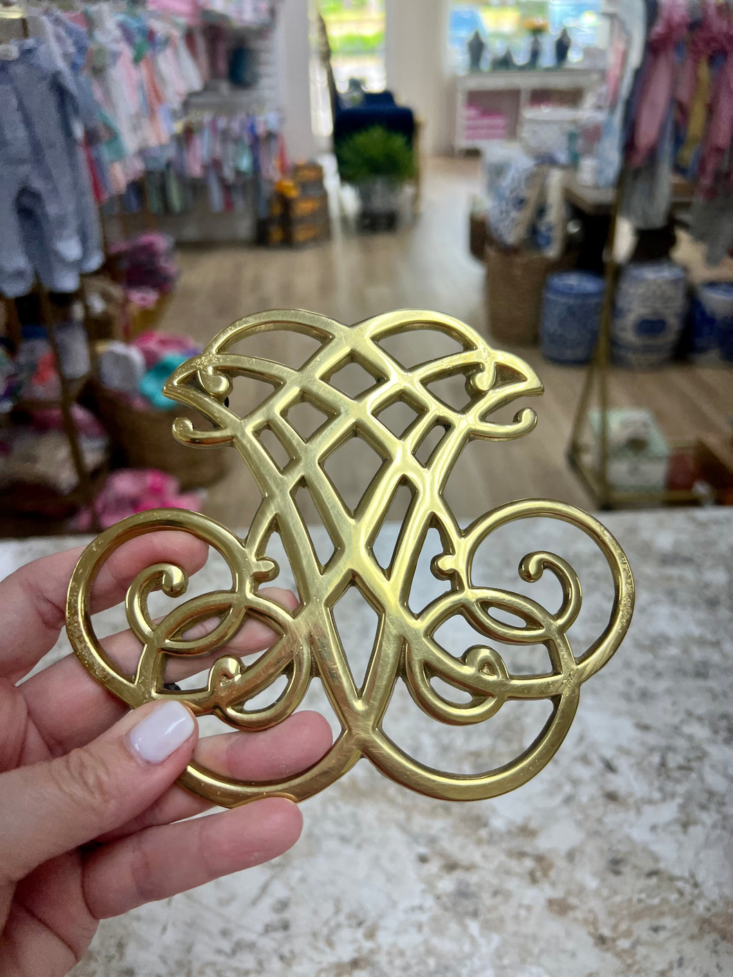 Vintage Virginia Metal Crafters Thomas Jefferson Cypher brass Trivet-local pick up only-small imperfection on side