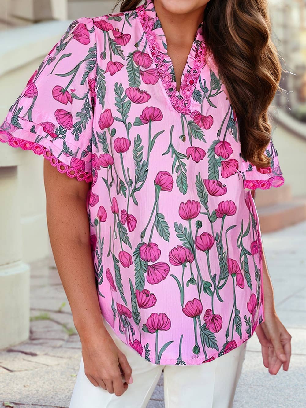 Floral Lace Detail Frilled V Neck Summer Blouse: Pink