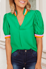 Load image into Gallery viewer, LDC Colorful Trim Collar Pinched V Neck Blouse: Bright Green
