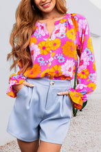 Load image into Gallery viewer, Floral Print Flounce Sleeve Notched Neck Blouse: Rose / 100%Polyester
