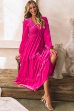 Load image into Gallery viewer, Rose Red Shirred V Neck Long Sleeve Velvet Dress: Rose Red / 95%Polyester+5%Elastane / pre order does not arrive to the store until mid october
