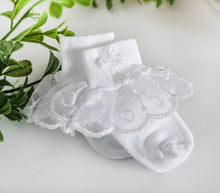 Load image into Gallery viewer, White Baby Girl Lace Baptism or Christening Socks with Cross
