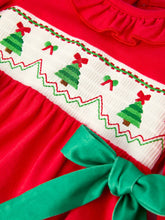 Load image into Gallery viewer, Christmas Smocked Girls Romper with Green Bow and Tree Embroidery-this brand runs short in the bubble please consider sizing up.
