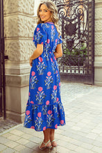 Load image into Gallery viewer, Charlotte Floral Puff Short Sleeve V Neck High Waist Maxi Dress: Sky Blue
