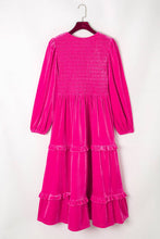Load image into Gallery viewer, Rose Red Shirred V Neck Long Sleeve Velvet Dress: Rose Red / 95%Polyester+5%Elastane / pre order does not arrive to the store until mid october
