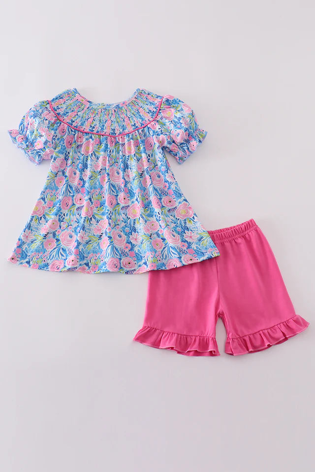 Blue Floral Smocked Short Set
