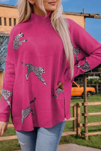 Load image into Gallery viewer, Rose Red Lively Cheetah Print High Neck Split Hem Sweater
