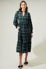 Load image into Gallery viewer, Sweet Beyond Long Sleeve Plaid Midi Dress: EMERALD-WHITE / XS
