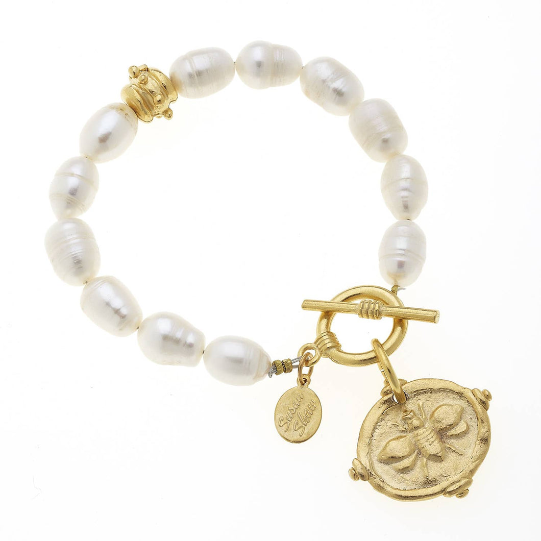 Gold Bee on Genuine Freshwater Pearl Bracelet