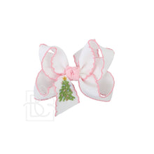 Load image into Gallery viewer, EMBROIDERED CHRISTMAS TREE CROCHET EDGE BOWS: White w/ Light Pink Crochet Edge / 4.5&quot; Large
