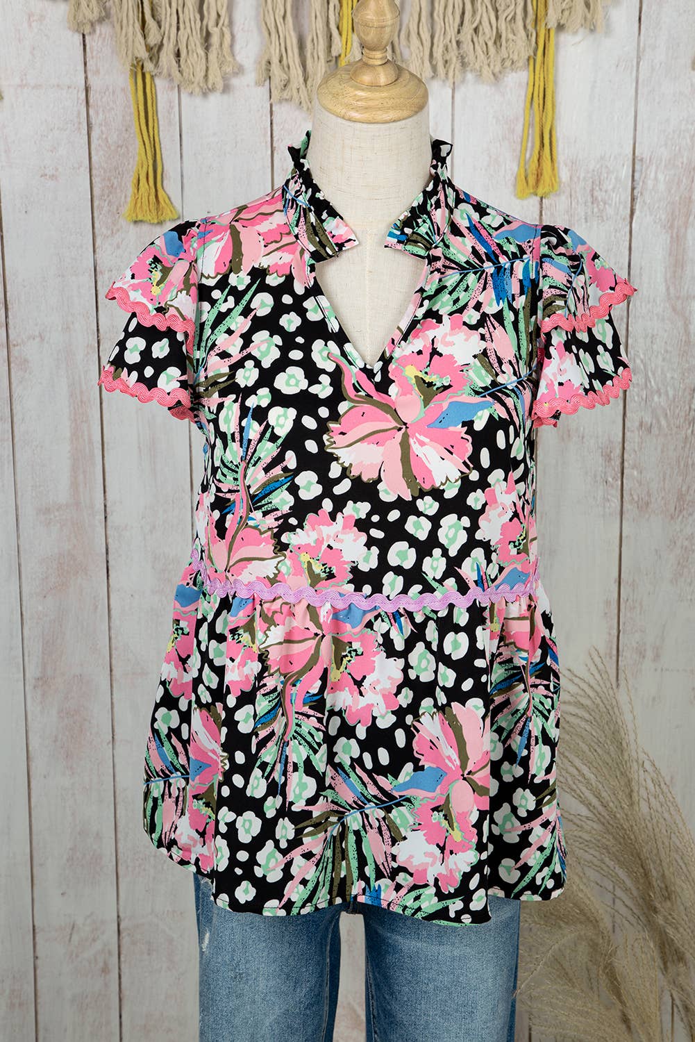 Megan Fashion Floral Print Tiered V Neck Blouse preorder