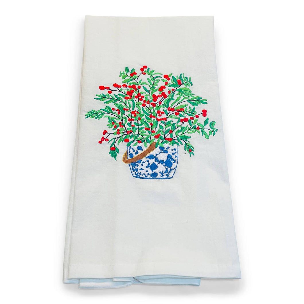 Towel - Red Berries in Chinoiserie Planter Pot