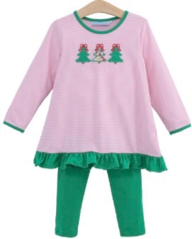 Trotter Street Christmas Tree Appliqué Ruffle Pant Set