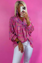 Load image into Gallery viewer, Abstract Print Collared V Neck Babydoll Blouse: Bonbon / 100%Polyester-runs large
