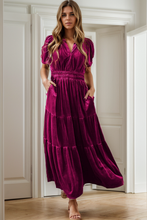 Load image into Gallery viewer, Velvet Shirred Waist Tiered Maxi Dress: Red Dahlia / 95%Polyester+5%Elastane
