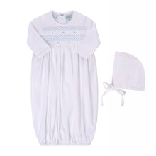 Load image into Gallery viewer, Smocked Bullion Gown w/Hat: White/Blue / NB
