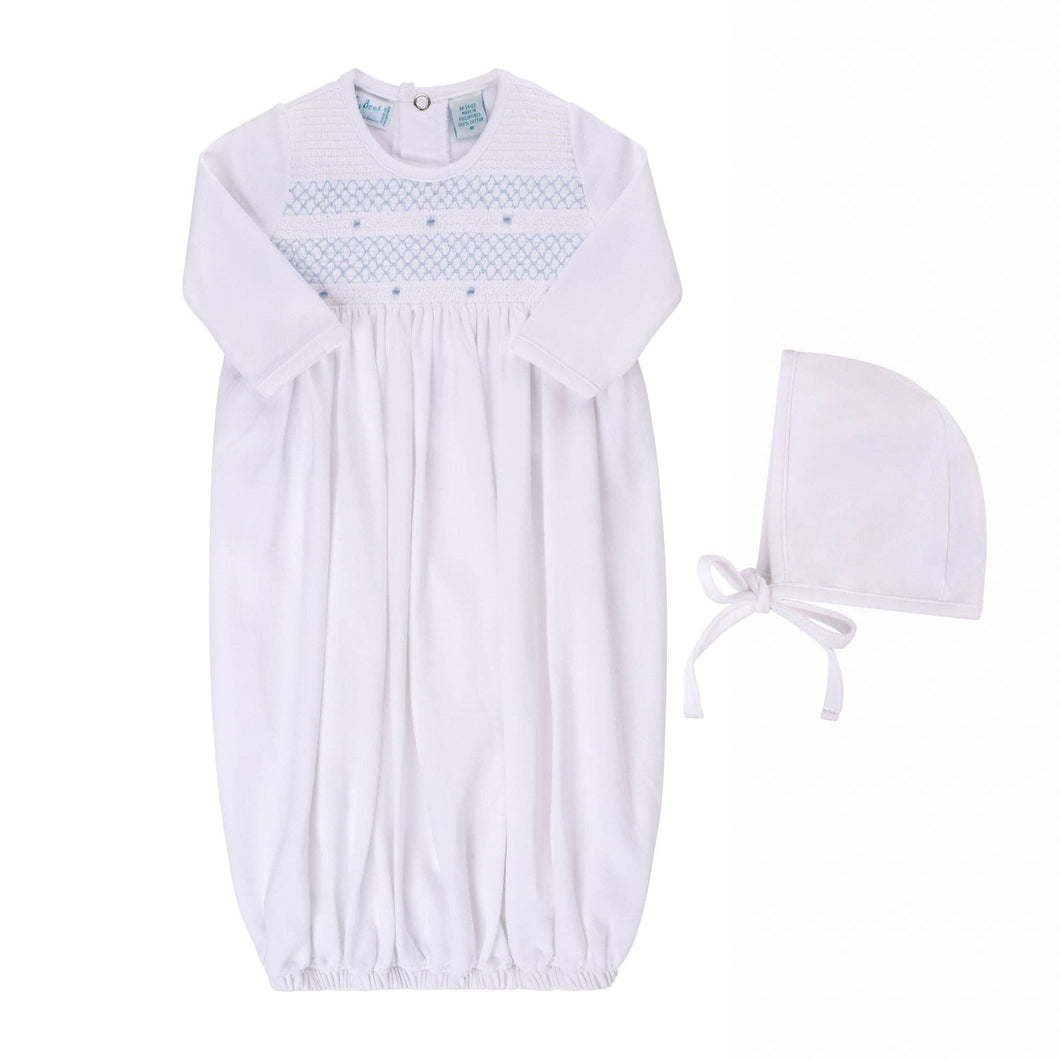 Smocked Bullion Gown w/Hat: White/Blue / NB