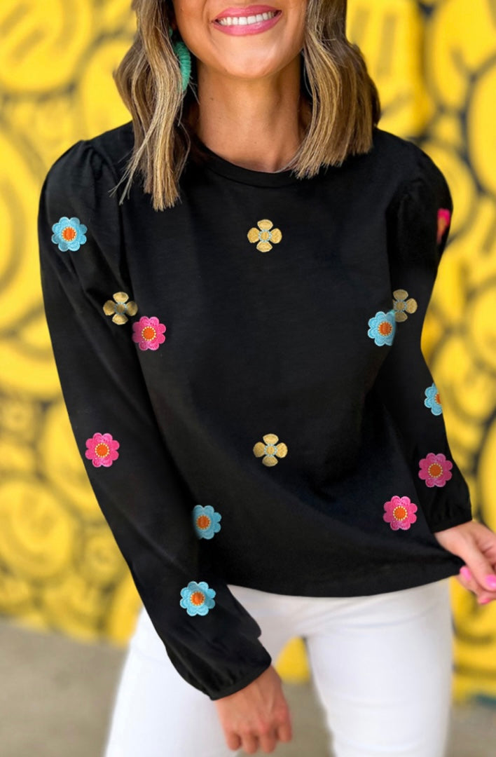Black Floral Embroidered Puff Sleeve Top